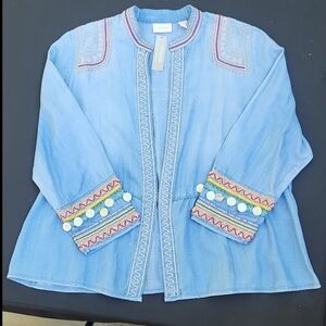 Chicos Embroidered Beaded Peplum Coin Detail Jacket Chambray  XL